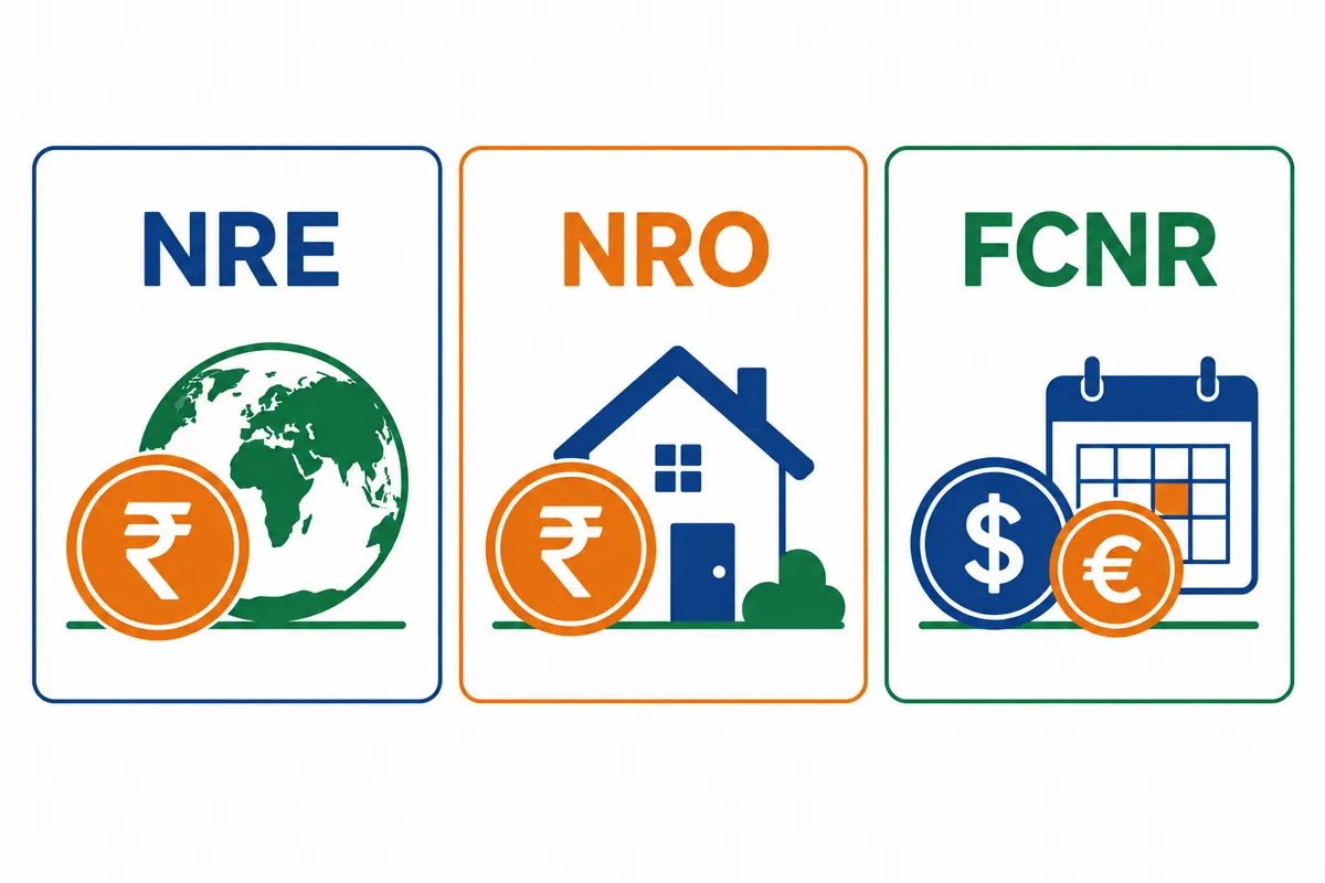 Three cards comparing NRE, NRO and FCNR
